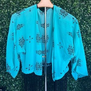 Turquoise Kimono with Black Fringe